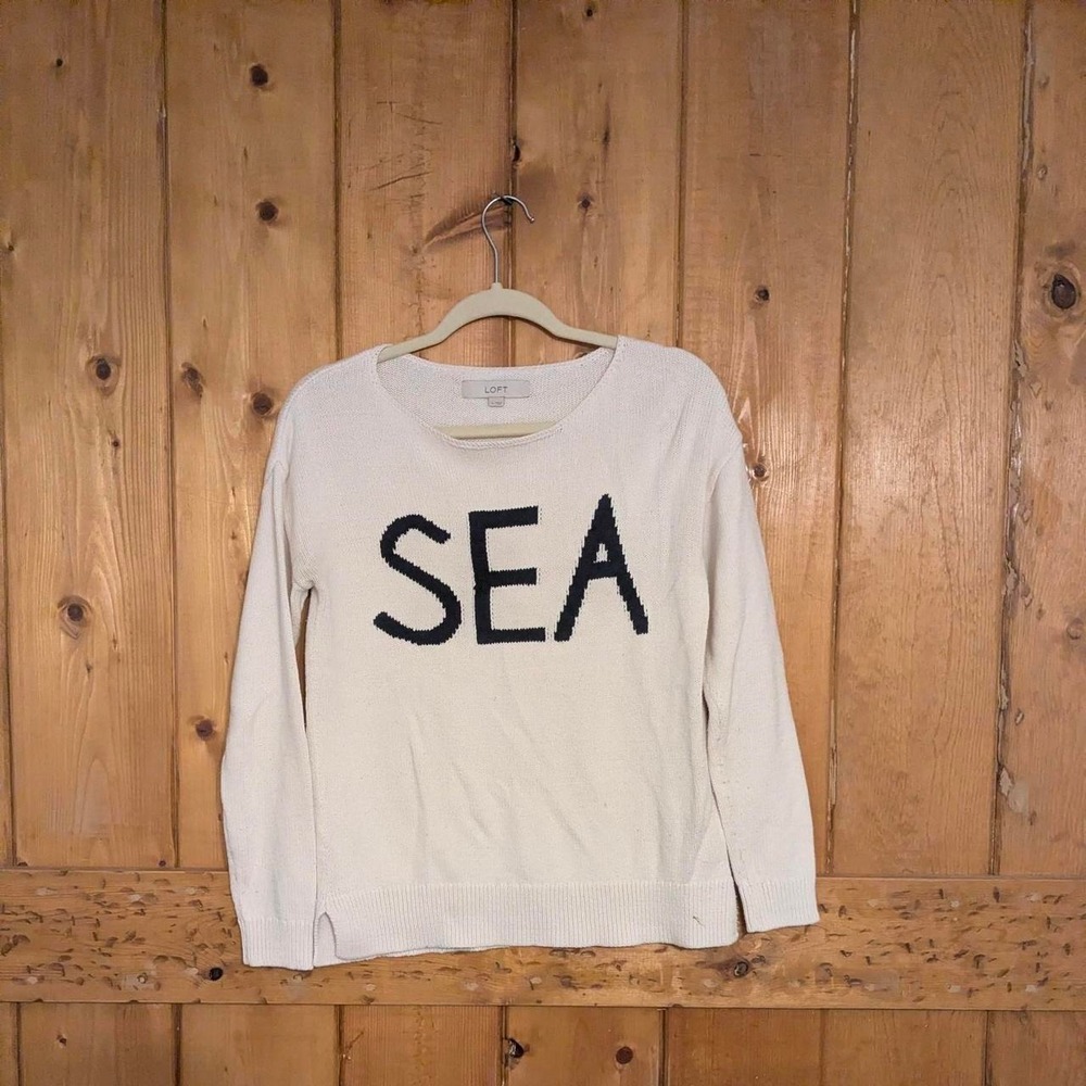 LOFT cream sweater with navy "SEA" lettering Size S